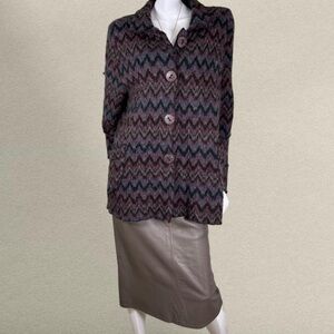 Chevron Wool Blend Cardigan Jacket – Purple & Teal – XL – Cozy Statement Knit